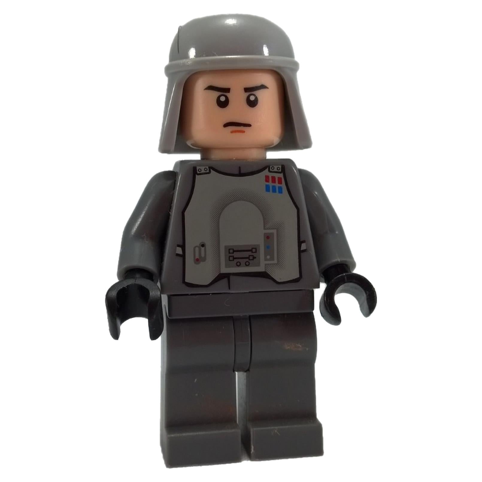 LEGO Star Wars Imperial Officer minifigure with battle armor, dark Bluish Gray legs, and a smirk facial expression.