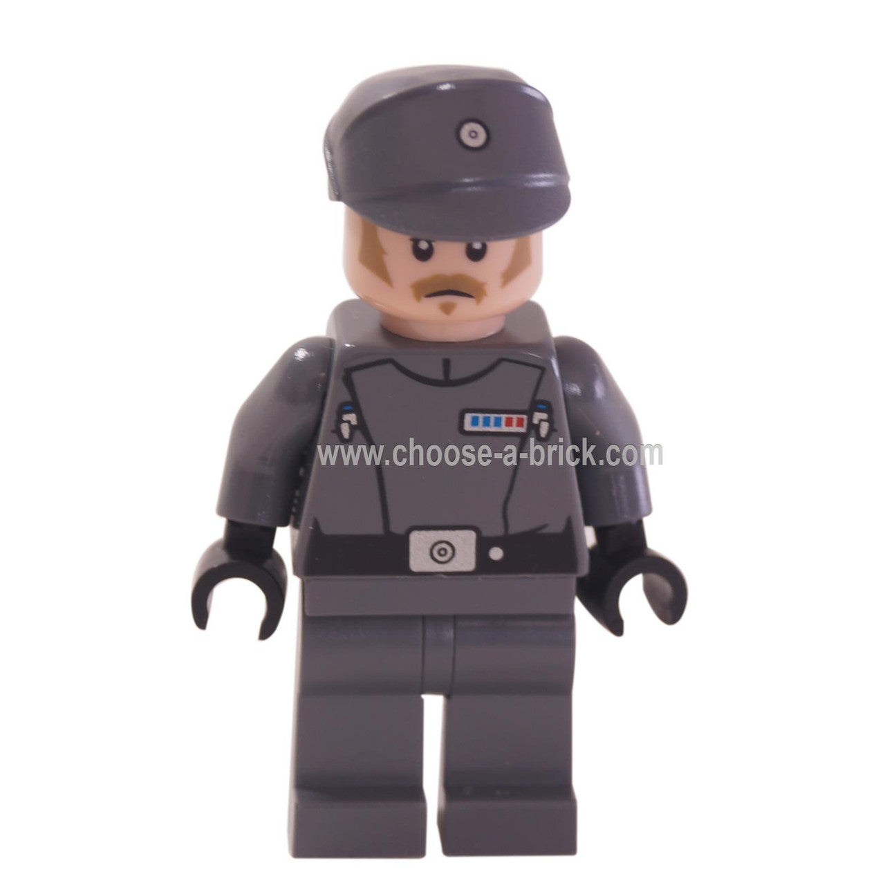 LEGO Star Wars Imperial Recruitment Officer minifigure shown from the front. The figure wears a dark gray Imperial uniform and a matching officer's cap.