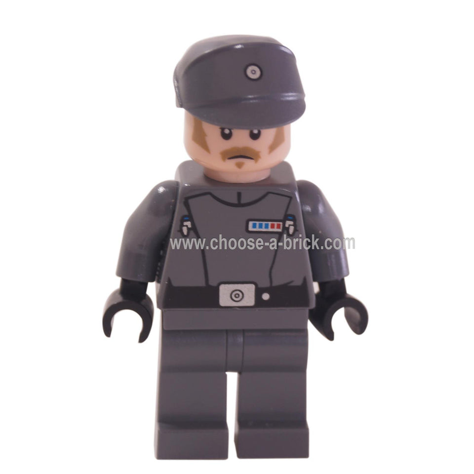 Minifigura del Oficial de Reclutamiento Imperial de LEGO Star Wars mostrada desde el frente. La figura lleva un uniforme imperial gris oscuro y una gorra de oficial a juego.