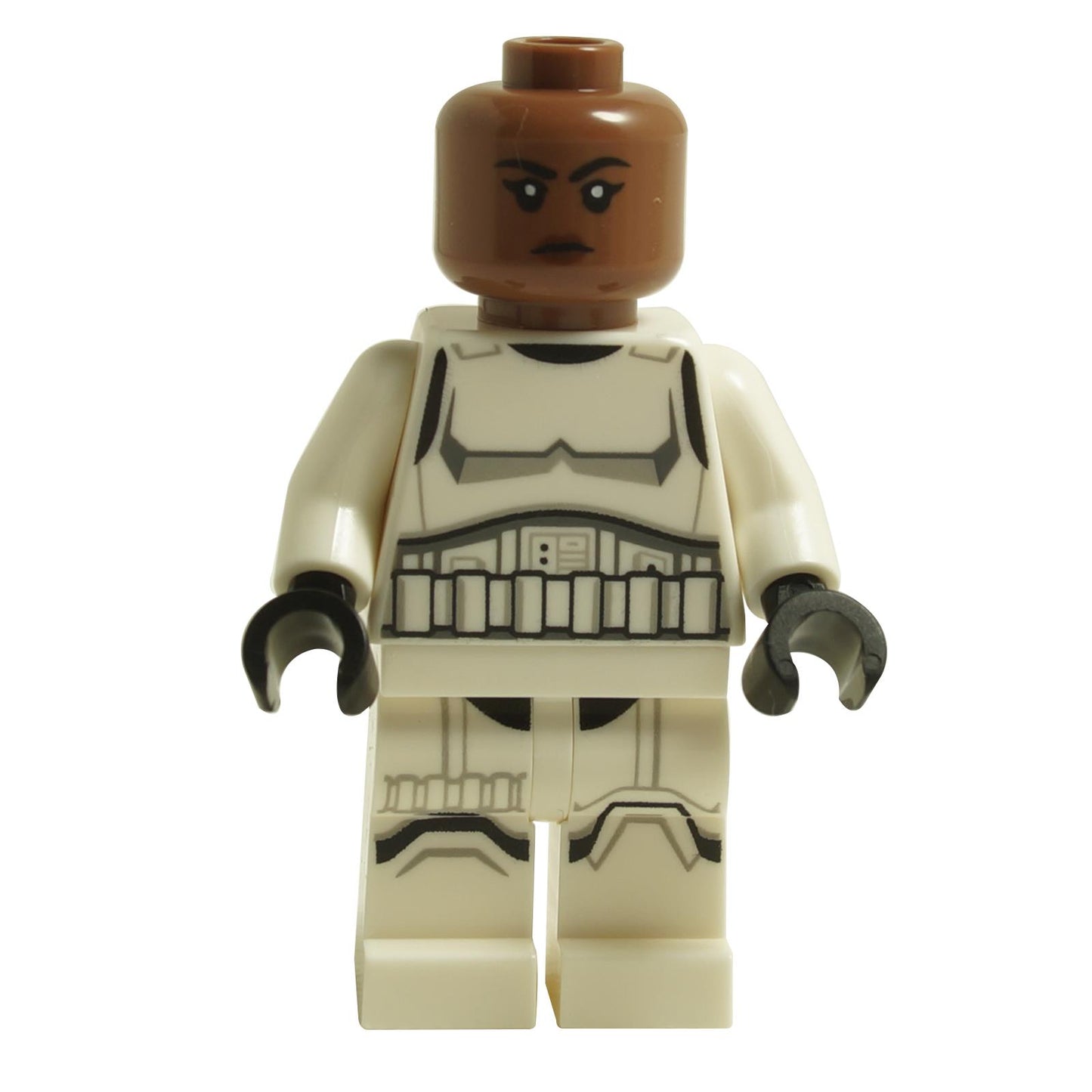 LEGO® Imperial Stormtrooper female minifigure sw1326 without helmet showing dark brown head and white stormtrooper armor
