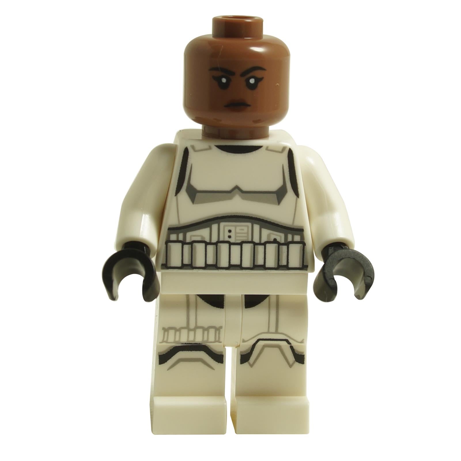 LEGO® Imperial Stormtrooper female minifigure sw1326 without helmet showing dark brown head and white stormtrooper armor
