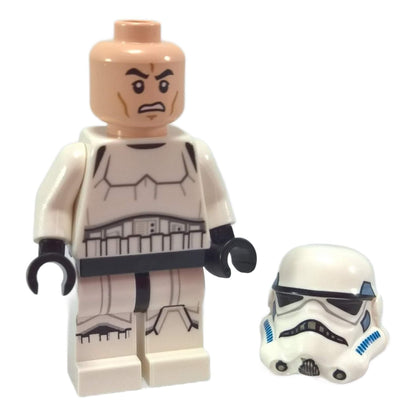 LEGO® Star Wars Imperial Stormtrooper minifigure sw0585 with printed legs and angry face print, white helmet accessory beside figure close-up view