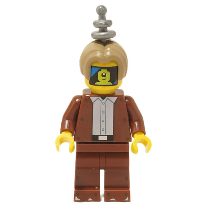 Imposter minifigure from Series 26 revealing alien face screen, wearing brown suit and antenna headpiece, front view
