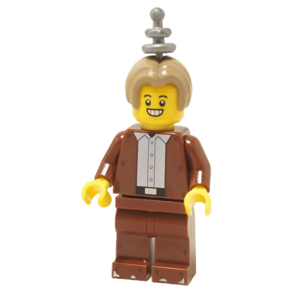 Imposter minifigure from Series 26 with brown suit, smiling face and antenna headpiece, front view on white background
