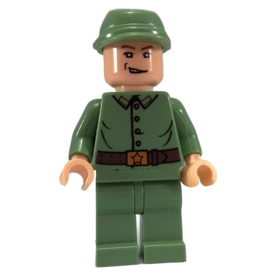 LEGO Indiana Jones Russian Guard minifigure iaj013 with smirk expression and green uniform, front view.