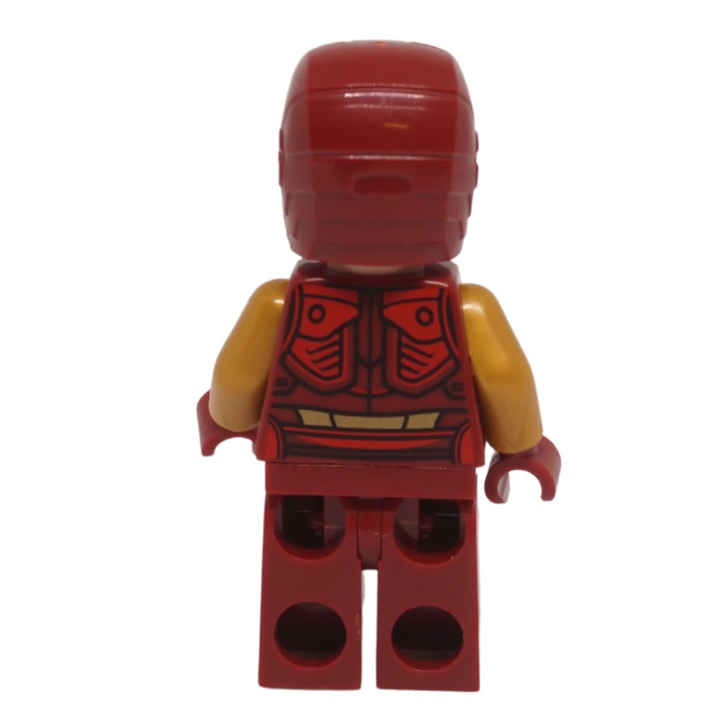 Iron Man minifigure back view with dark red armor and gold arm printing
