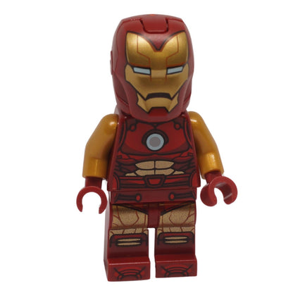 Iron Man minifigure front view with dark red and gold helmet round arc reactor and pearl gold arms
