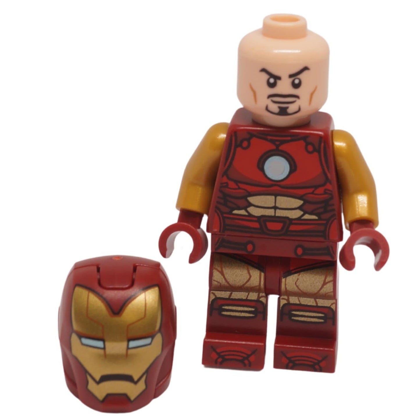Iron Man minifigure without helmet showing Tony Stark head dark red and gold armor
