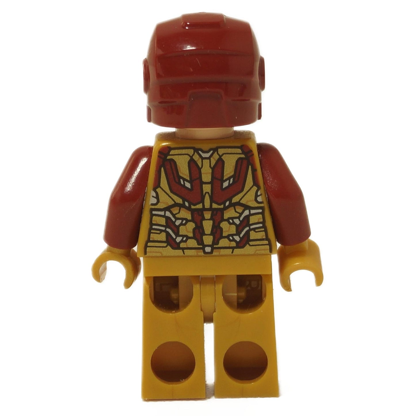 back view of LEGO Iron Man minifigure wearing pearl gold armored suit with printed mechanical back detail
