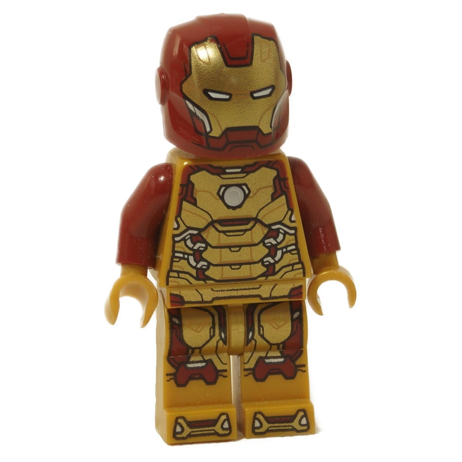 LEGO® Iron Man Minifigure - Gold and red armored suit with intricate printed details, helmet with metallic gold faceplate, and articulated design.