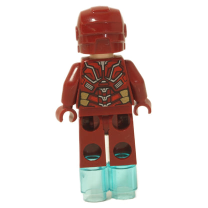 LEGO® Iron Man minifigure back view with red and gold armor print and translucent blue foot repulsor pieces close-up