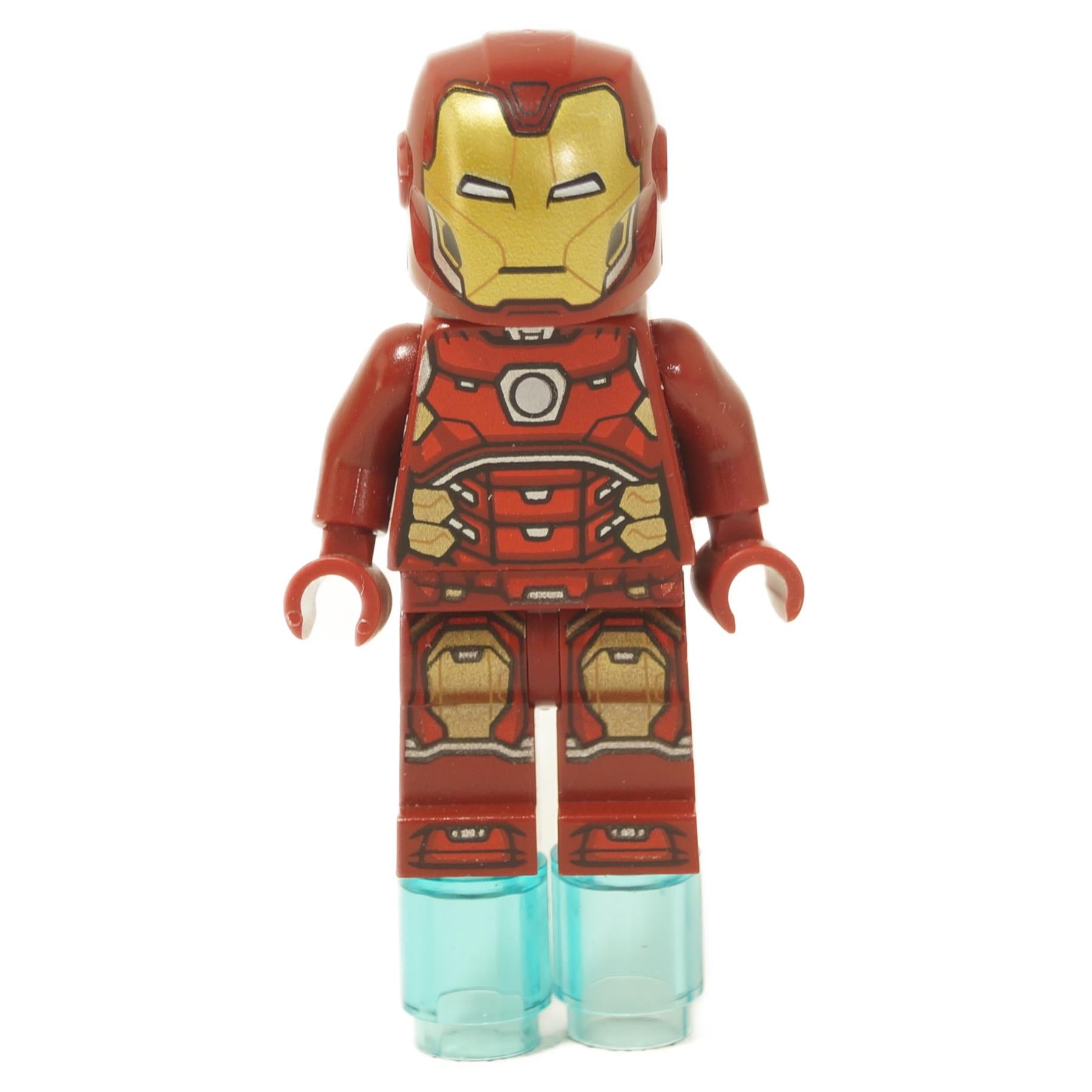 LEGO® Iron Man Minifigure - Red and gold armor with arc reactor chest print, detailed helmet, and translucent blue thruster pieces on legs.