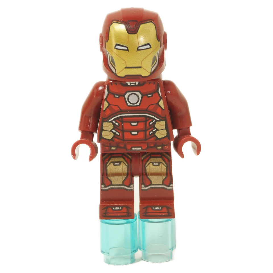 LEGO® Iron Man Minifigure - Red and gold armor with arc reactor chest print, detailed helmet, and translucent blue thruster pieces on legs.