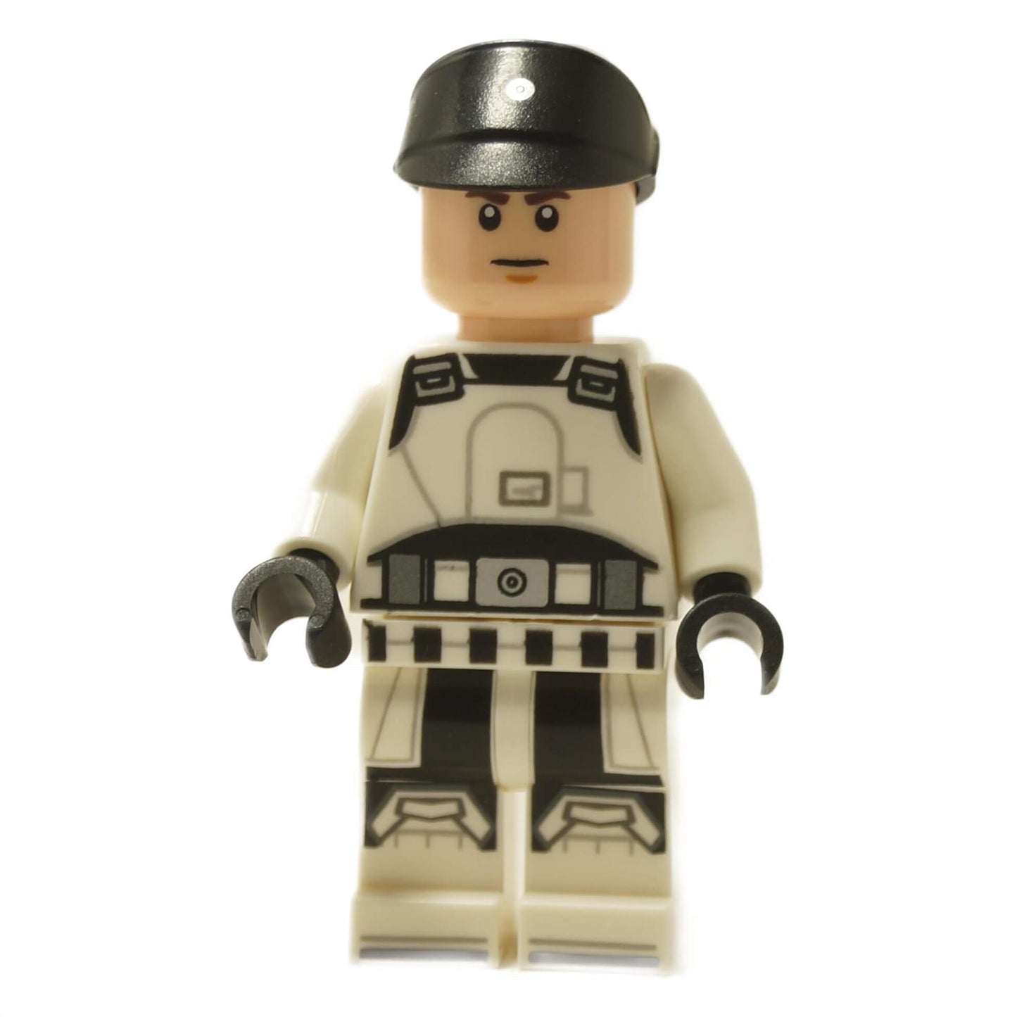 ISB Tactical Agent minifigure front view in white uniform with black helmet and printed legs
