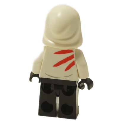 Jack Davids minifigure wearing white hoodie with red detail, cap under hood, and black pants, back view
