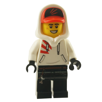 Jack Davids minifigure wearing white hoodie with red detail, cap under hood, and black pants, front view
