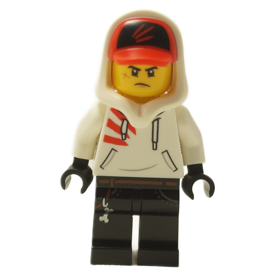 Jack Davids minifigure front view wearing white hoodie with hood up and cap, grumpy facial expression
