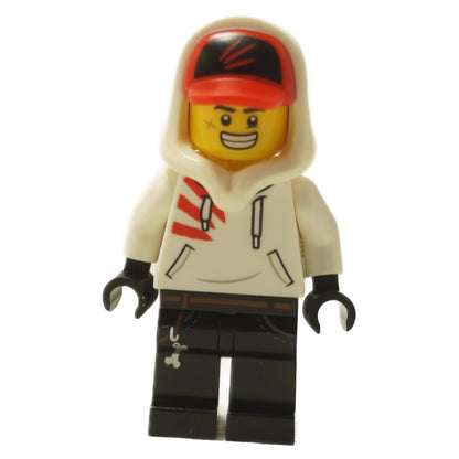 Jack Davids minifigure front view wearing white hoodie with hood up and cap, large smiling expression
