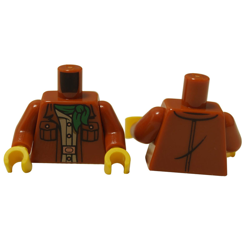 Torso Jacket with 2 Pockets over Tan Shirt with Copper Buttons, Buckle and Green Bandana Pattern