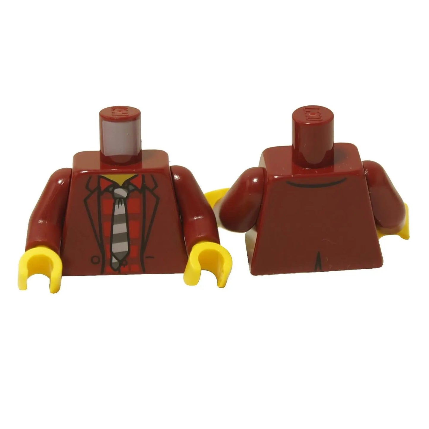 Minifigure torso with jacket print, red striped undershirt and black white tie pattern
