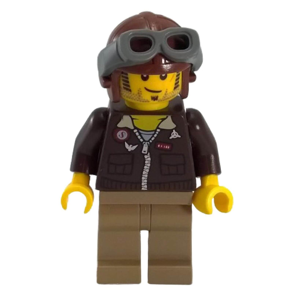 LEGO® Jake Raines pha001 minifigure wearing a brown aviator cap with grey goggles