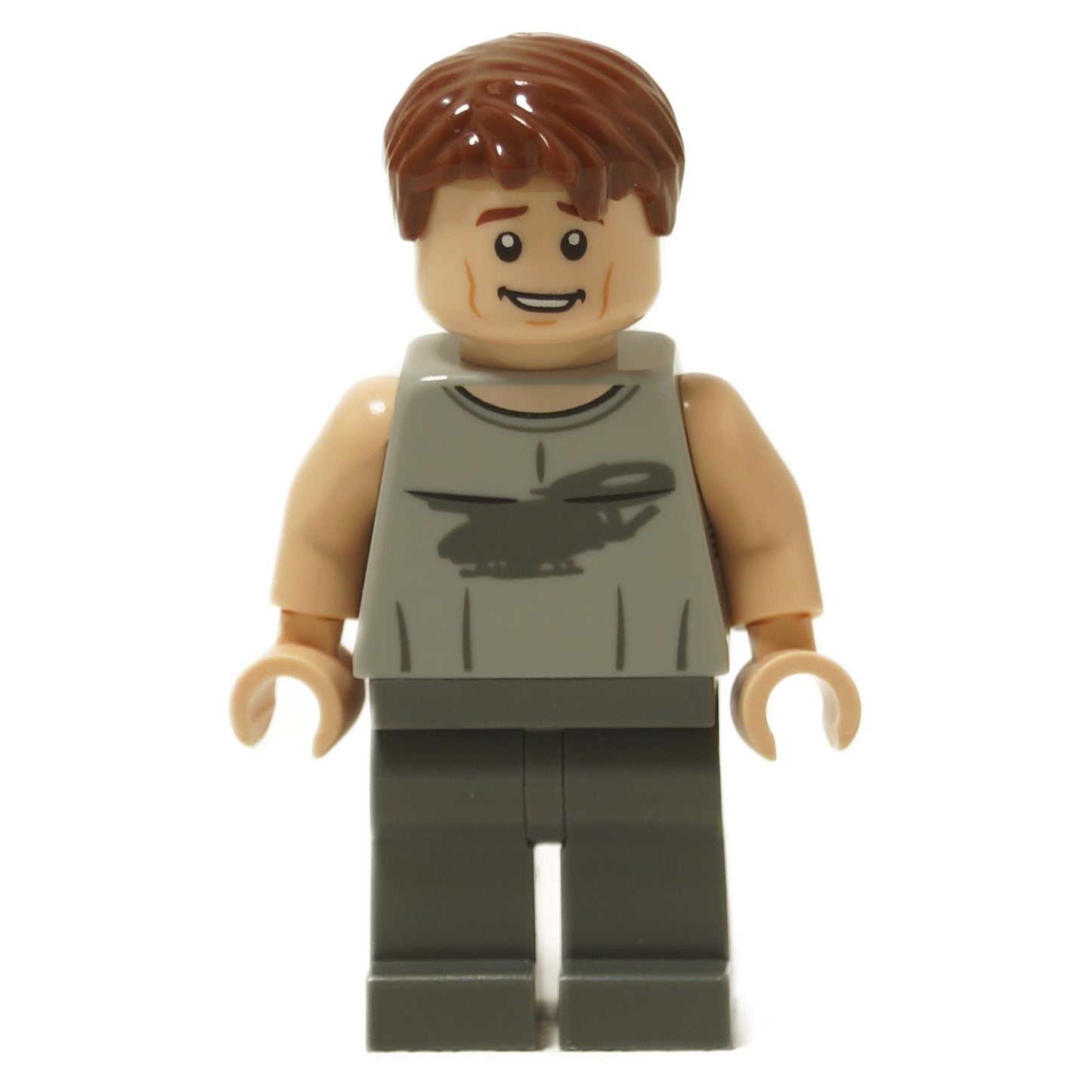 Jake Sully human minifigure with brown hair, gray tank top and friendly smiling expression

