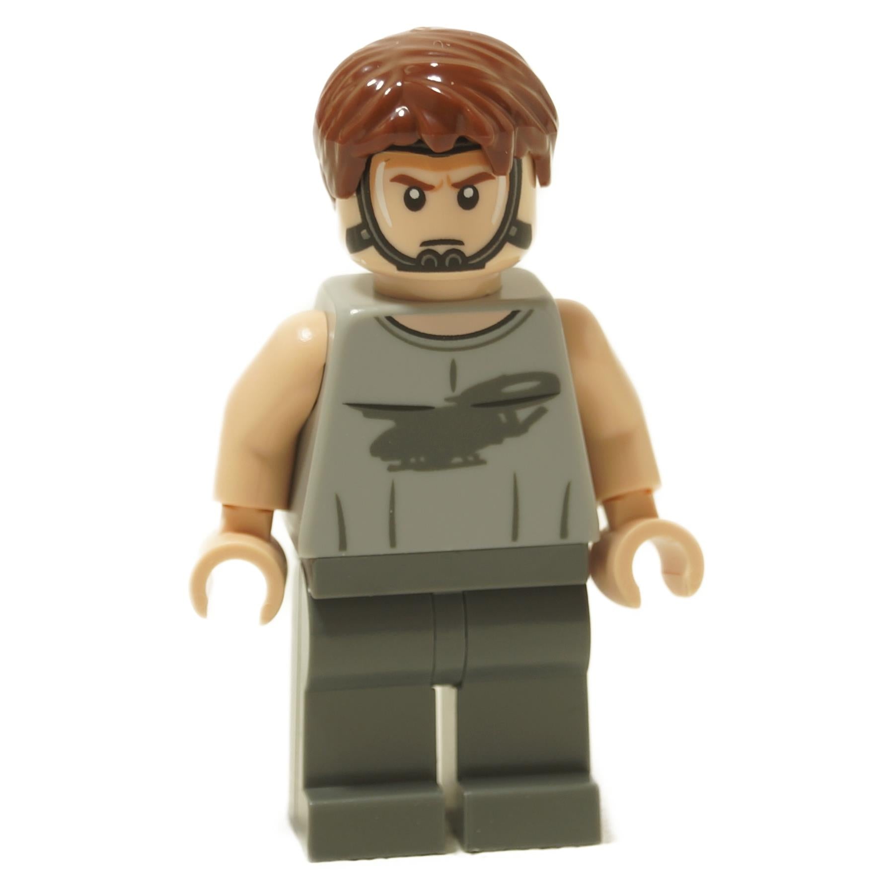 Jake Sully human minifigure with brown hair, beard stubble, gray tank top and stern expression
