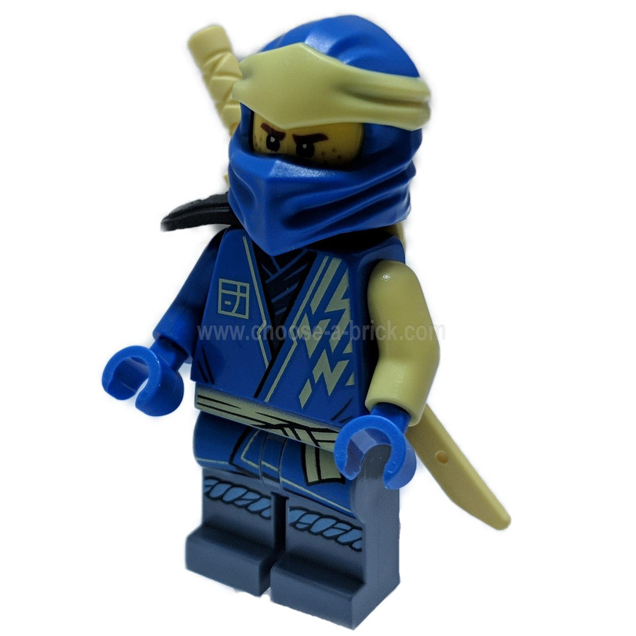 LEGO NINJAGO Jay Core minifigurka modrý ninja oblek černý ramenní chránič a příslušenství meče
