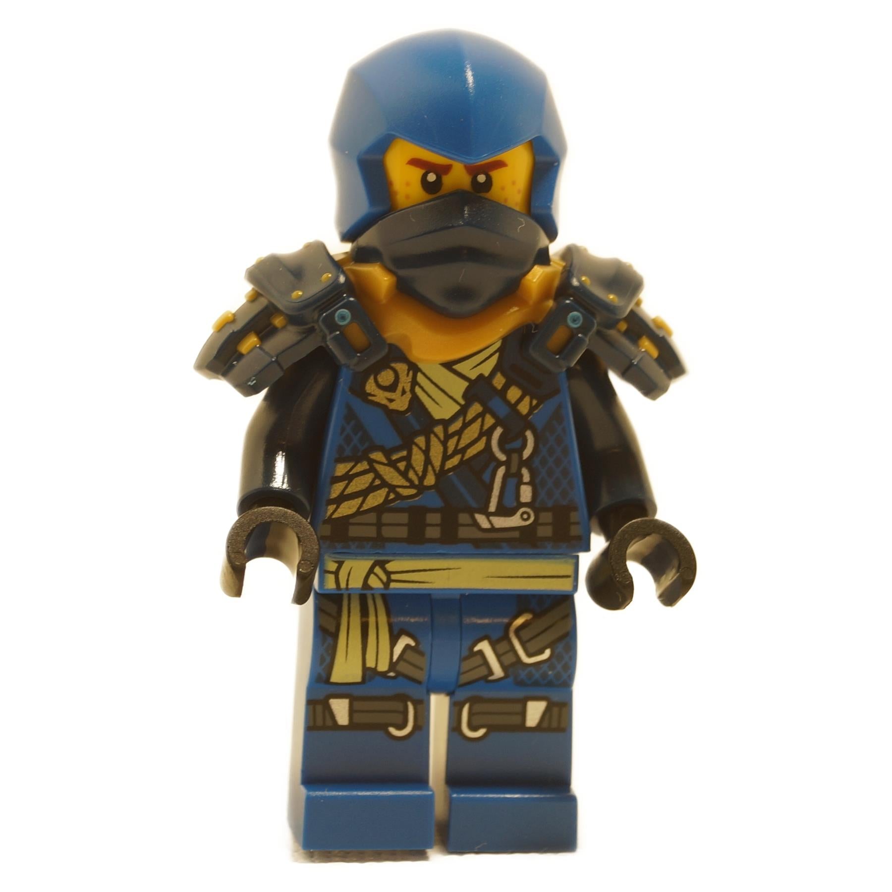 LEGO minifigure of Jay from Ninjago with shoulder armor, a blue ninja mask, and climbing gear.
