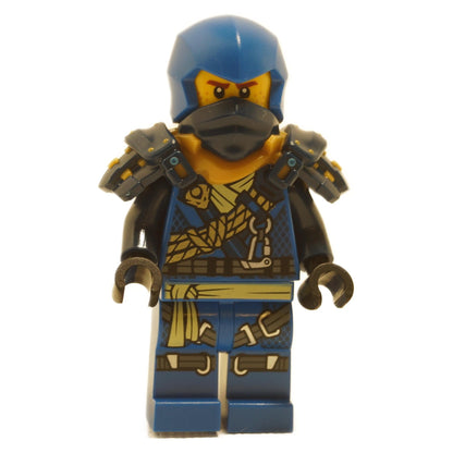 LEGO minifigure of Jay from Ninjago with shoulder armor, a blue ninja mask, and climbing gear.