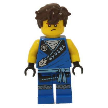LEGO® Jay Legacy Rebooted minifigure with MANTER torso print, blue ninja outfit and serious face expression close-up view