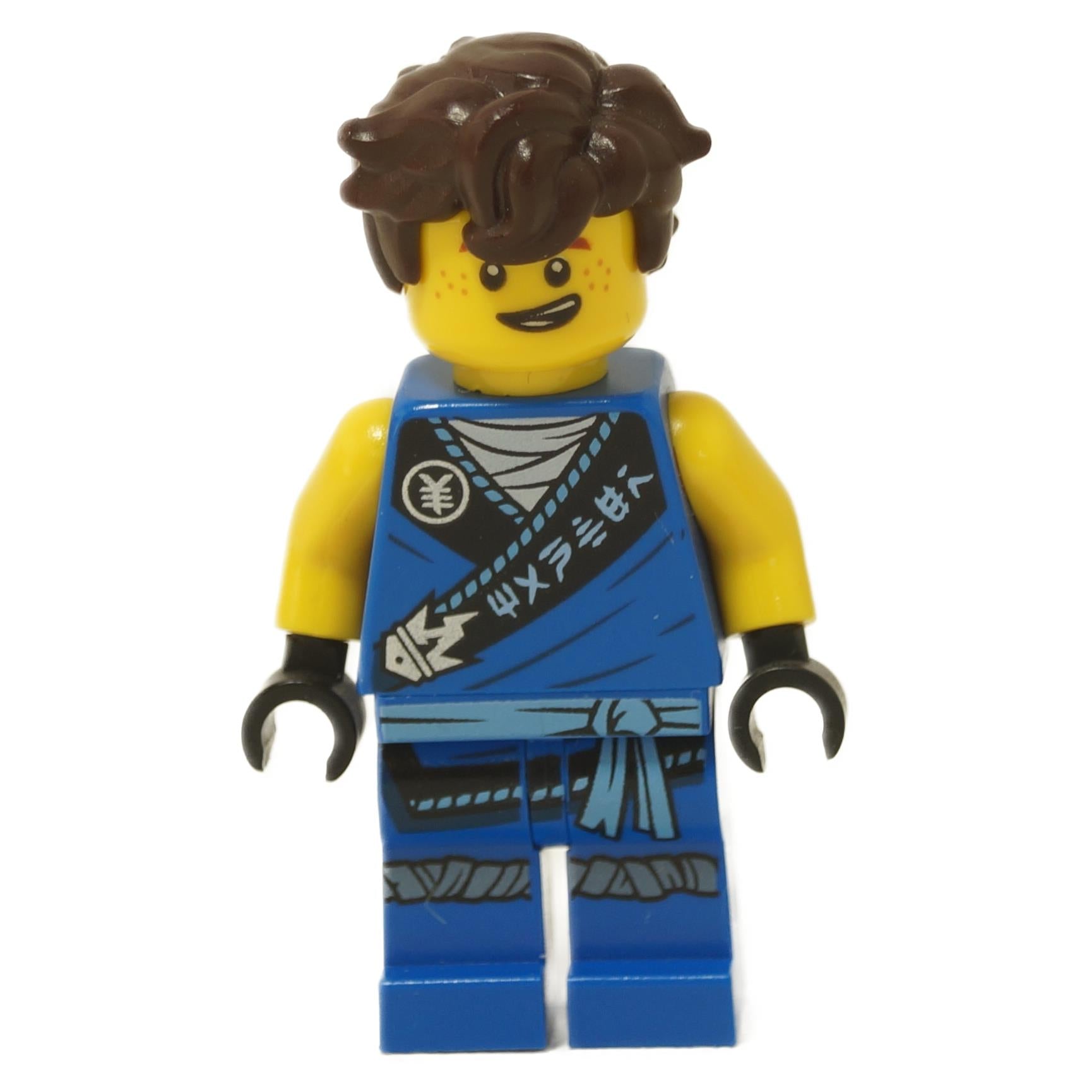 LEGO® Jay Legacy Rebooted minifigure with MANTER torso print, blue ninja outfit and tousled brown hair close-up view