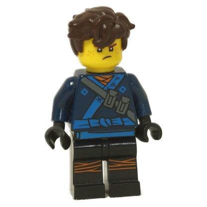 front view of LEGO Ninjago Jay minifigure from The LEGO Ninjago Movie with brown hair serious expression and blue ninja outfit
