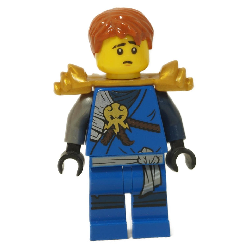 front view of LEGO Ninjago Jay minifigure with worried expression red hair blue ninja outfit and pearl gold shoulder armor njo0287
