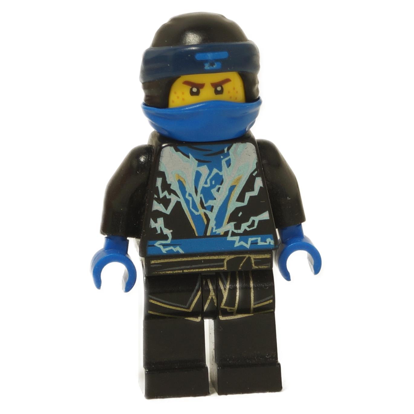 LEGO minifigure of Jay in his Spinjitzu Masters form from NINJAGO: Sons of Garmadon, featuring a black and blue outfit with lightning details, a blue ninja mask, and a black headband.