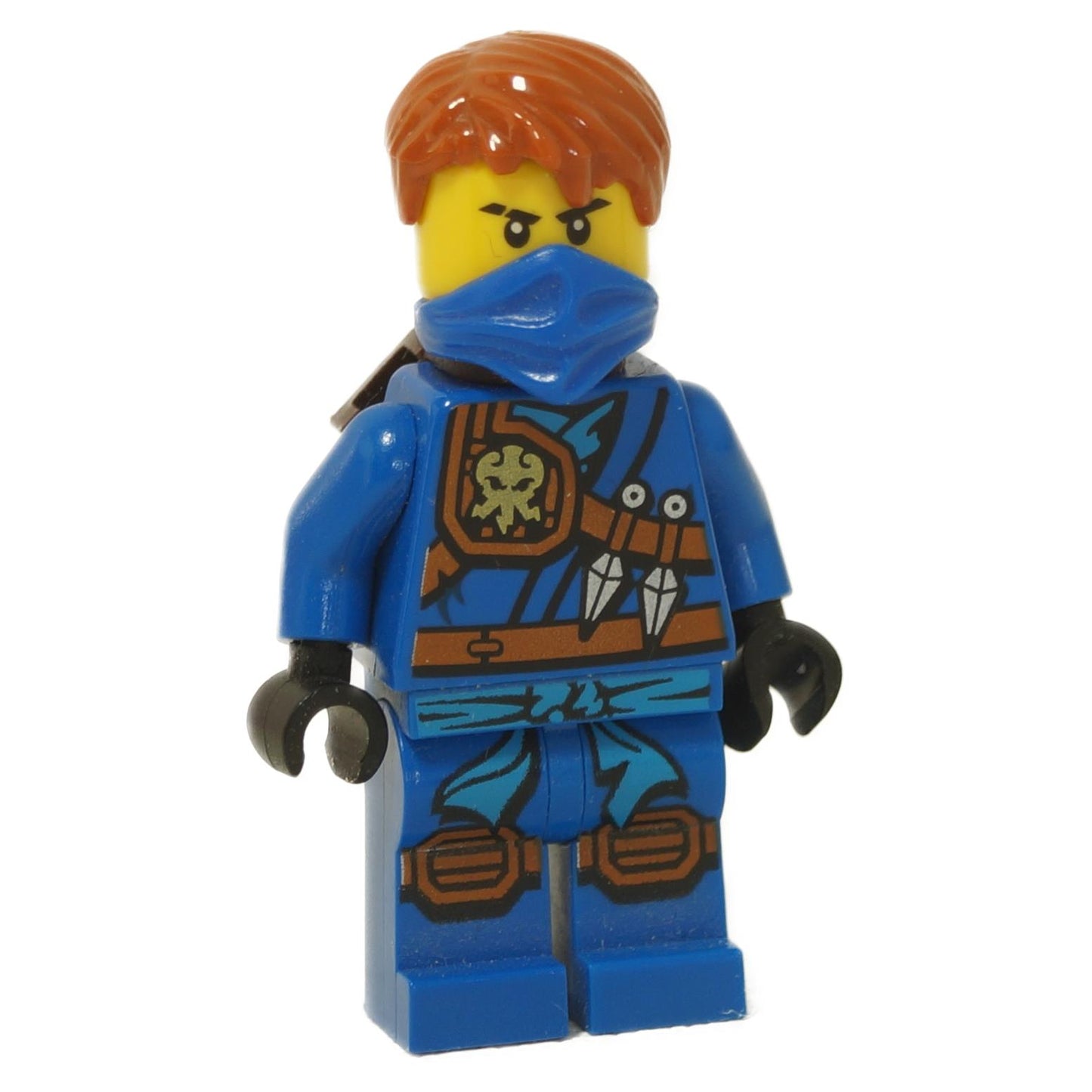 front view of LEGO Ninjago Jay minifigure with determined expression wearing blue ninja outfit bandana mask and scabbard
