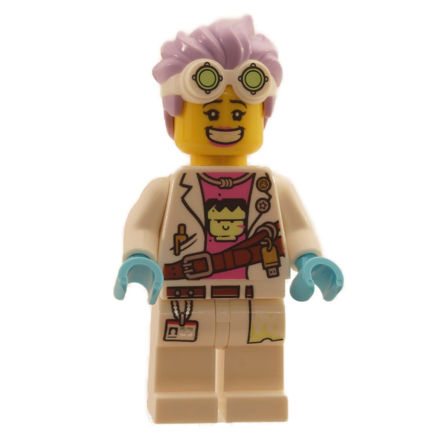 front view of LEGO Hidden Side J.B. Watt minifigure with large smiling expression lavender hair goggles and printed adventure outfit hs002
