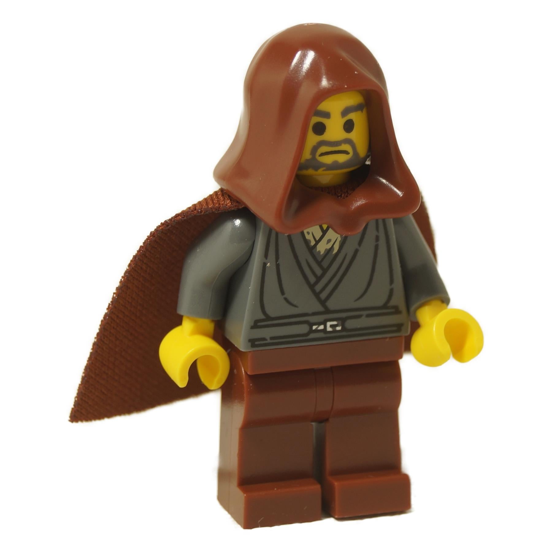 LEGO Star Wars Jedi Bob minifigure sw1379, featuring a dark bluish gray tunic, reddish brown hood and cape, and a yellow head with a goatee print. Front view.