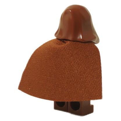 LEGO Star Wars Jedi Bob minifigure sw1379, featuring a dark bluish gray tunic, reddish brown hood and cape, and a yellow head with a goatee print. Back view.