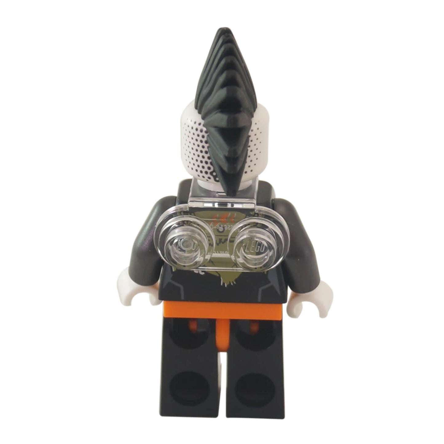 LEGO NINJAGO minifigure Jet Jack with a spiked mohawk helmet, jetpack, and black and gold battle suit with chains. Back profile view.