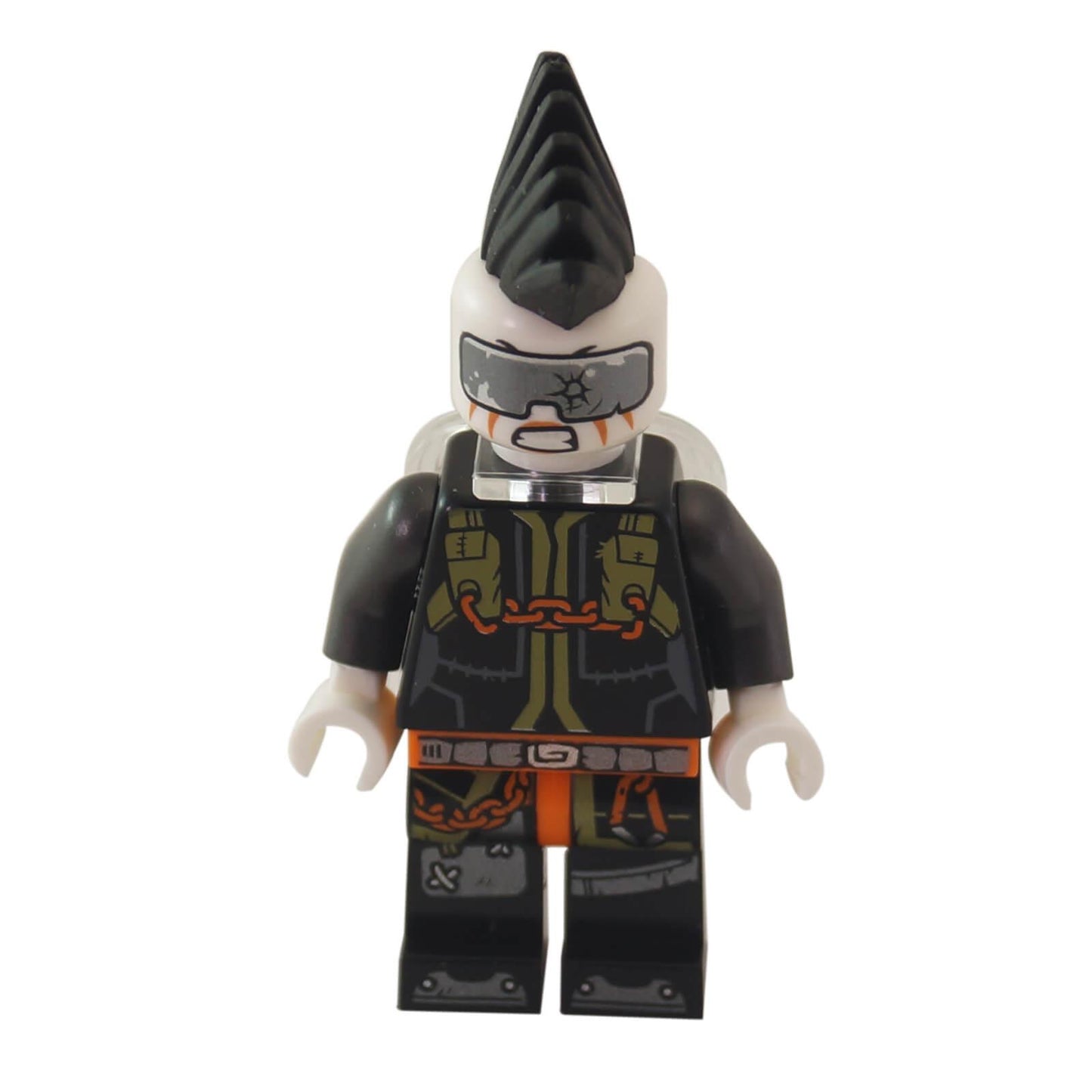LEGO NINJAGO minifigure Jet Jack with a spiked mohawk helmet, jetpack, and black and gold battle suit with chains.