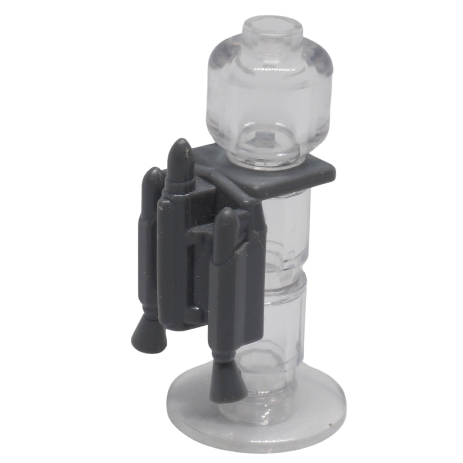 Dark Bluish Gray minifigure jet pack with nozzles 64802 on a clear stand.