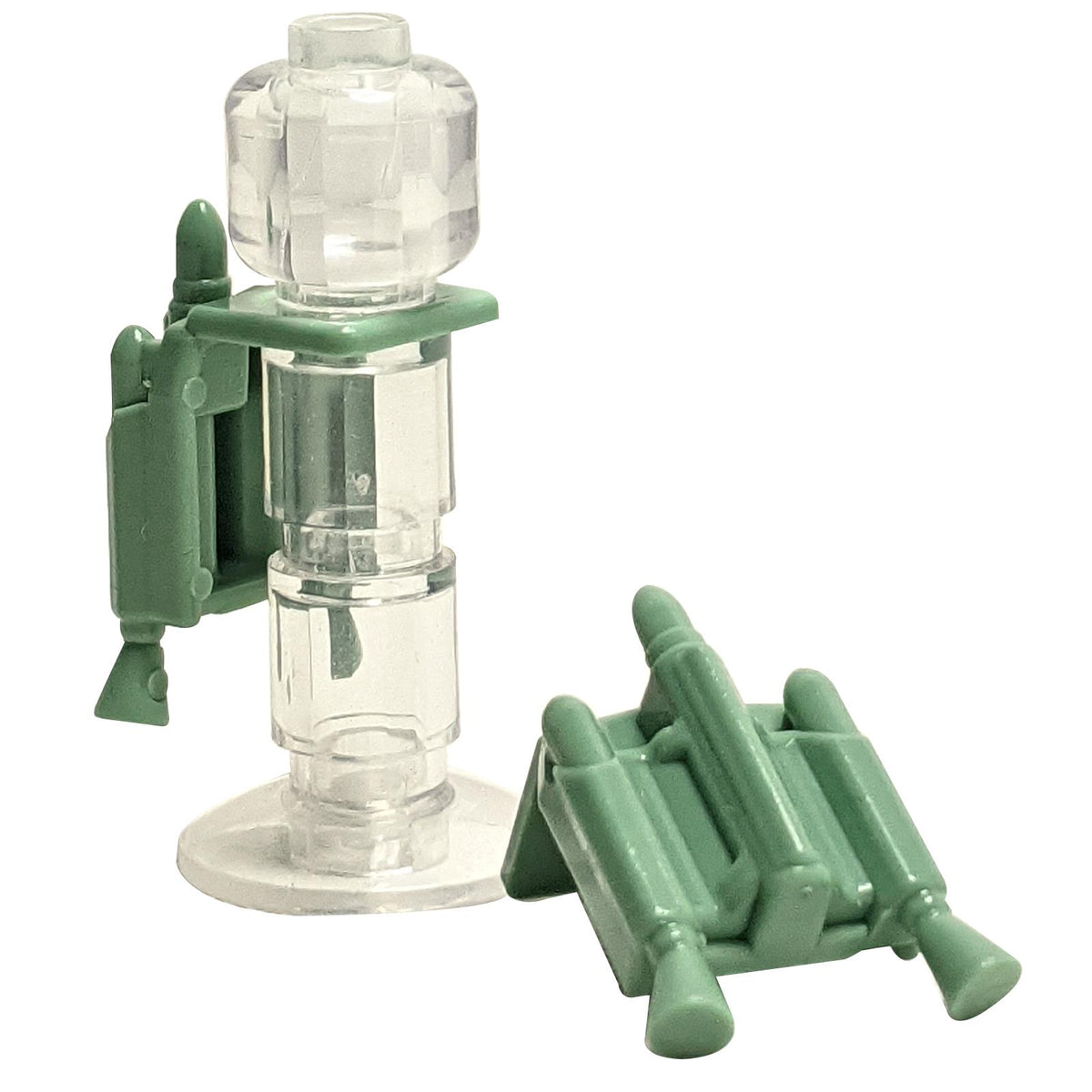 Sand green minifigure jet pack with nozzles 64802 on a clear stand.