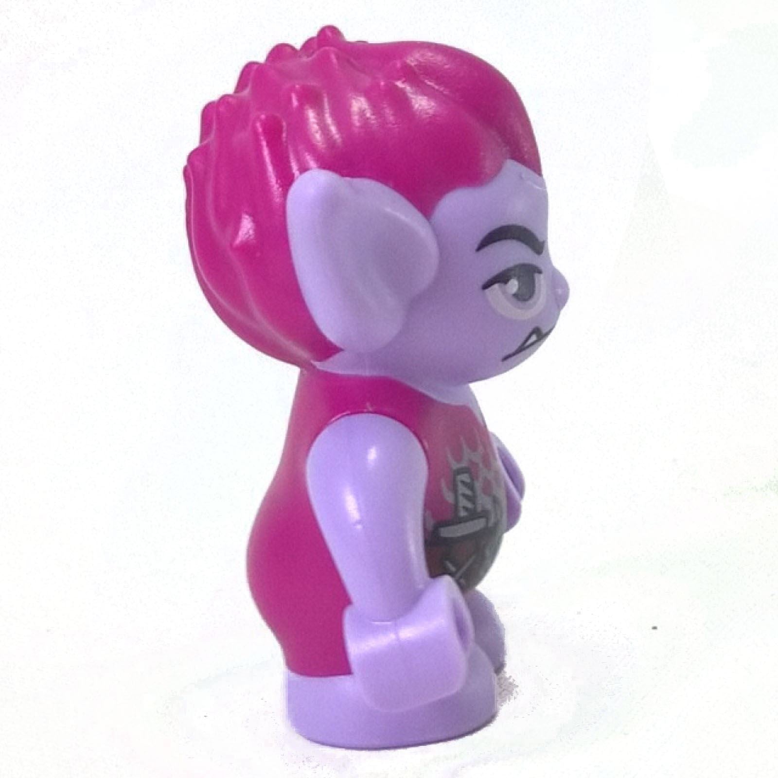 LEGO Jimblin goblin minifigure side view with lavender skin, pointed ears and magenta hair elf026