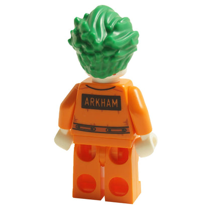 Back view of LEGO The Joker minifigure coltlbm08 Arkham Asylum jumpsuit with green hair and ARKHAM print