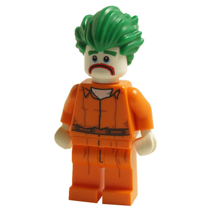 LEGO The Joker minifigure coltlbm08 with sad expression wearing Arkham Asylum orange jumpsuit and green hair