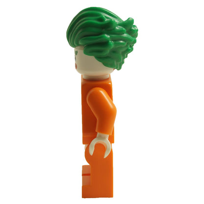 Side view of LEGO The Joker minifigure coltlbm08 wearing Arkham Asylum orange jumpsuit with green hair