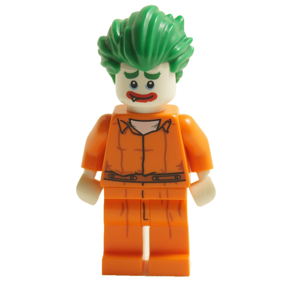 LEGO The Joker minifigure coltlbm08 wearing Arkham Asylum orange jumpsuit with green hair and mischievous smile