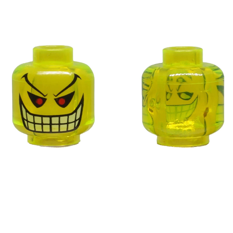 Translucent yellow-green LEGO® Joker's Bomb head 3626pb0243 with red eyes, black eyebrows and large white-toothed grin