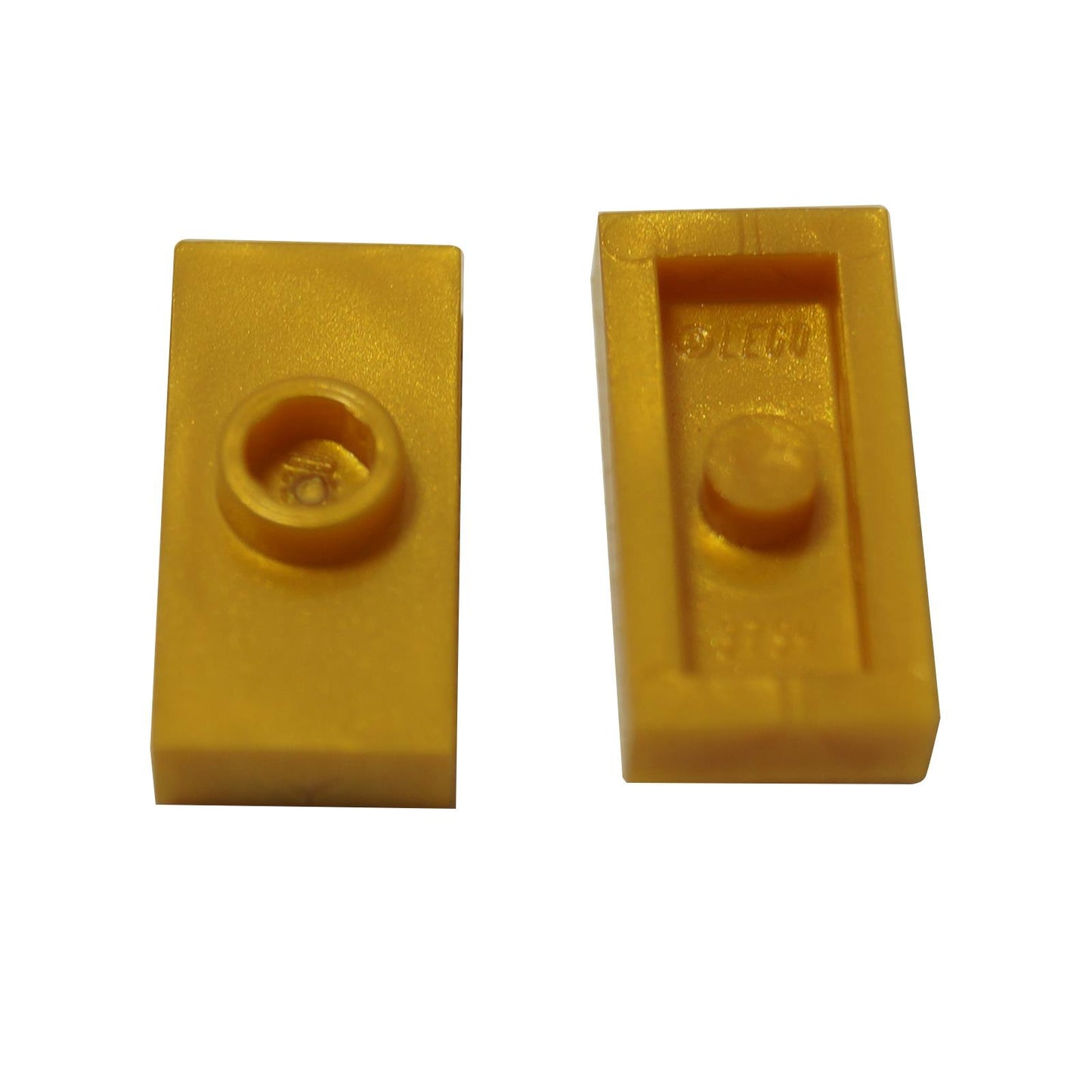 Two pearl gold LEGO jumper plates with one central stud each, without groove, placed on a white background.